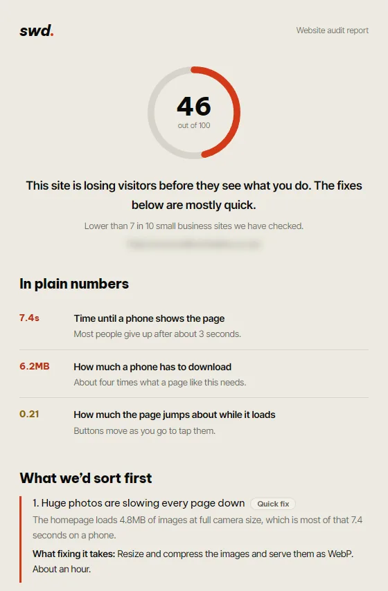 An example audit report: an overall score of 46 out of 100, the page speed in plain numbers, and the first fix to make