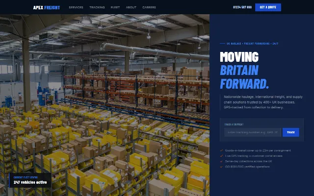 Homepage of the Apex Freight demo site