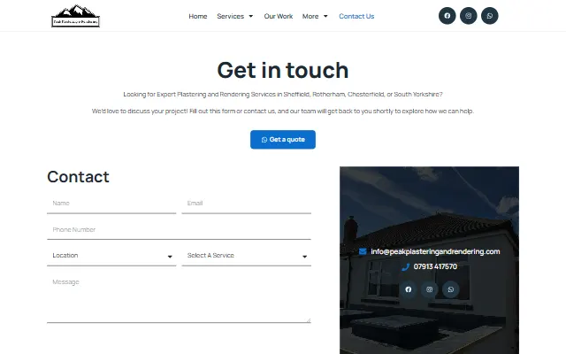 Peak Plastering contact page with a quote form asking for location and service