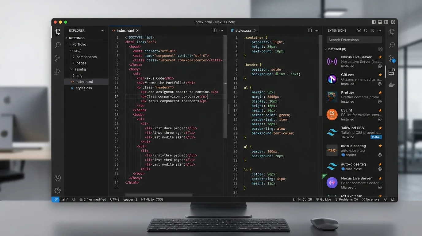Code editor workspace with split-window HTML and CSS syntax highlighting