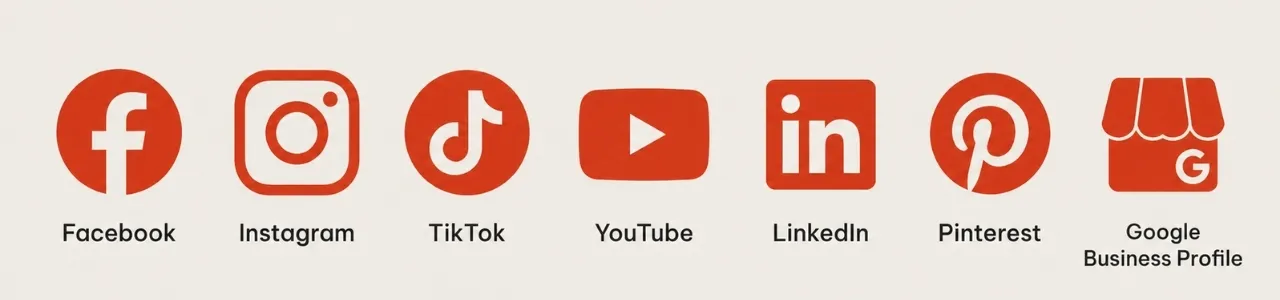 Icons for Facebook, Instagram, TikTok, YouTube, LinkedIn, Pinterest and Google Business Profile