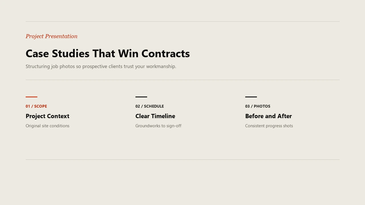 Structure of construction case studies showing project context, clear timeline, and before and after photography