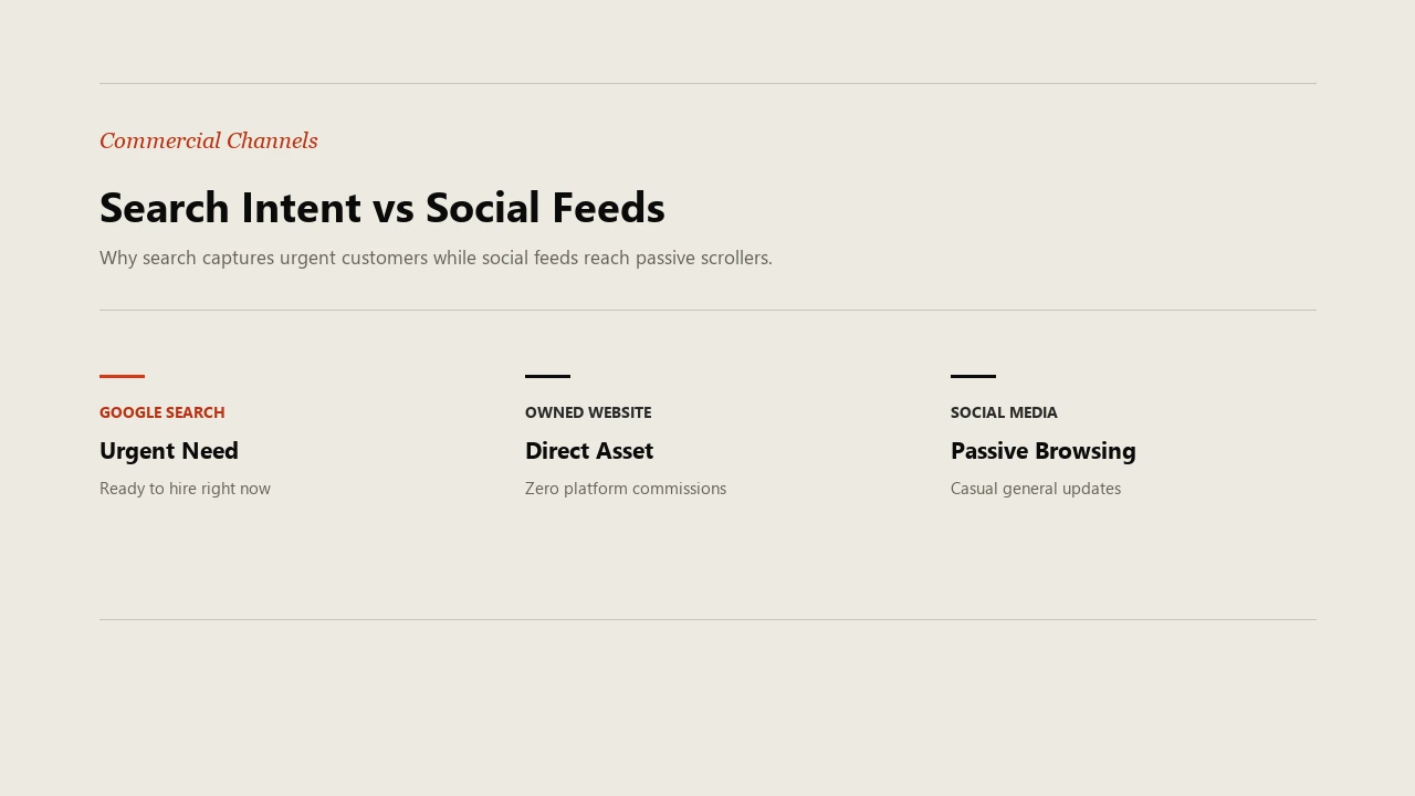 Comparison of Google search active intent, dedicated website asset, and passive social media feeds for electricians
