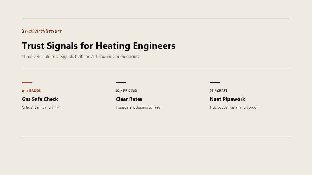 Trust signals for heating engineers showing Gas Safe badge verification, clear diagnostic pricing, and neat copper pipework