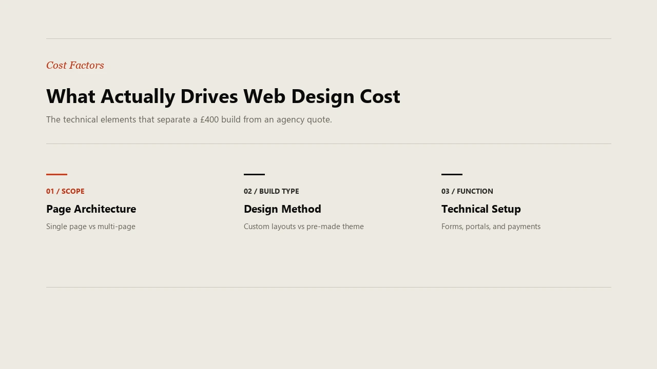 Three key cost drivers in web design showing page architecture, build method, and technical setup