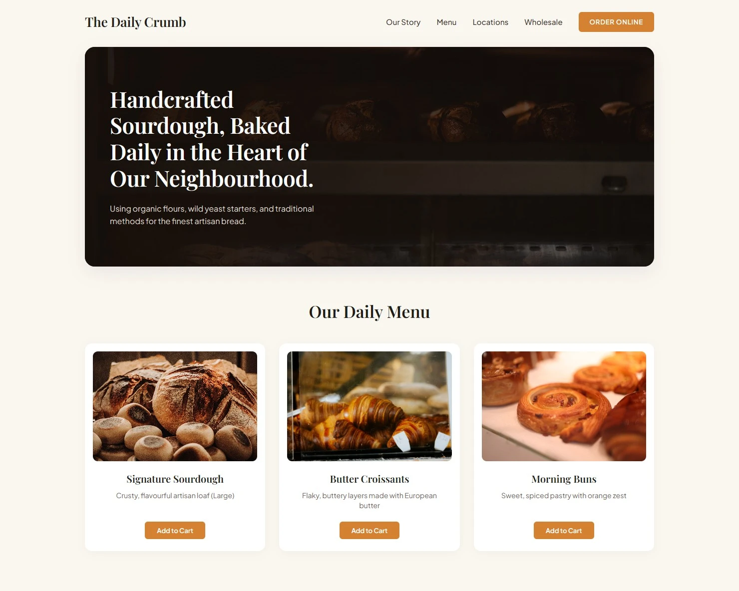 A modern bakery website layout