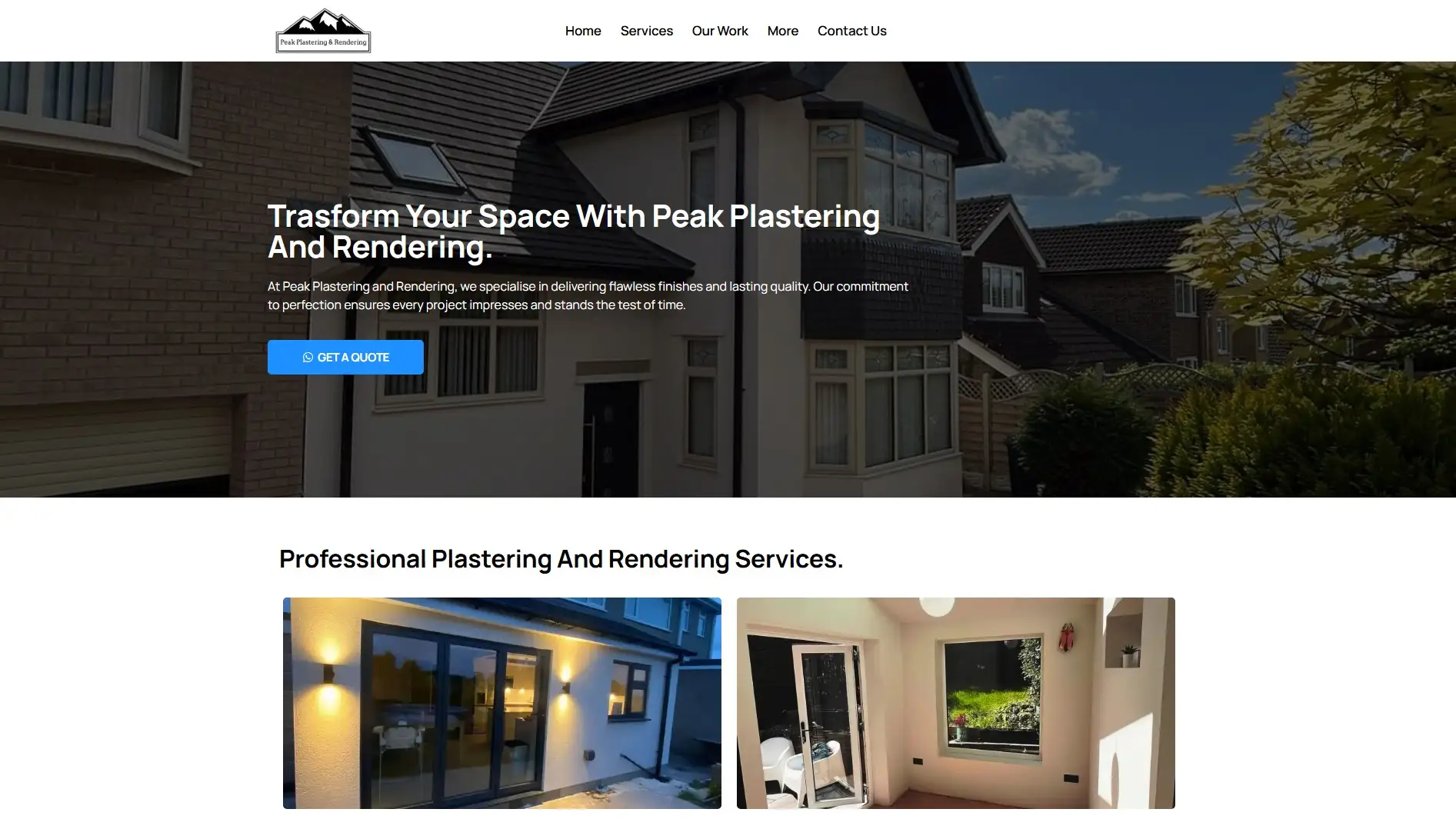 Peak Plastering & Rendering homepage screenshot, showing the hero section and project gallery