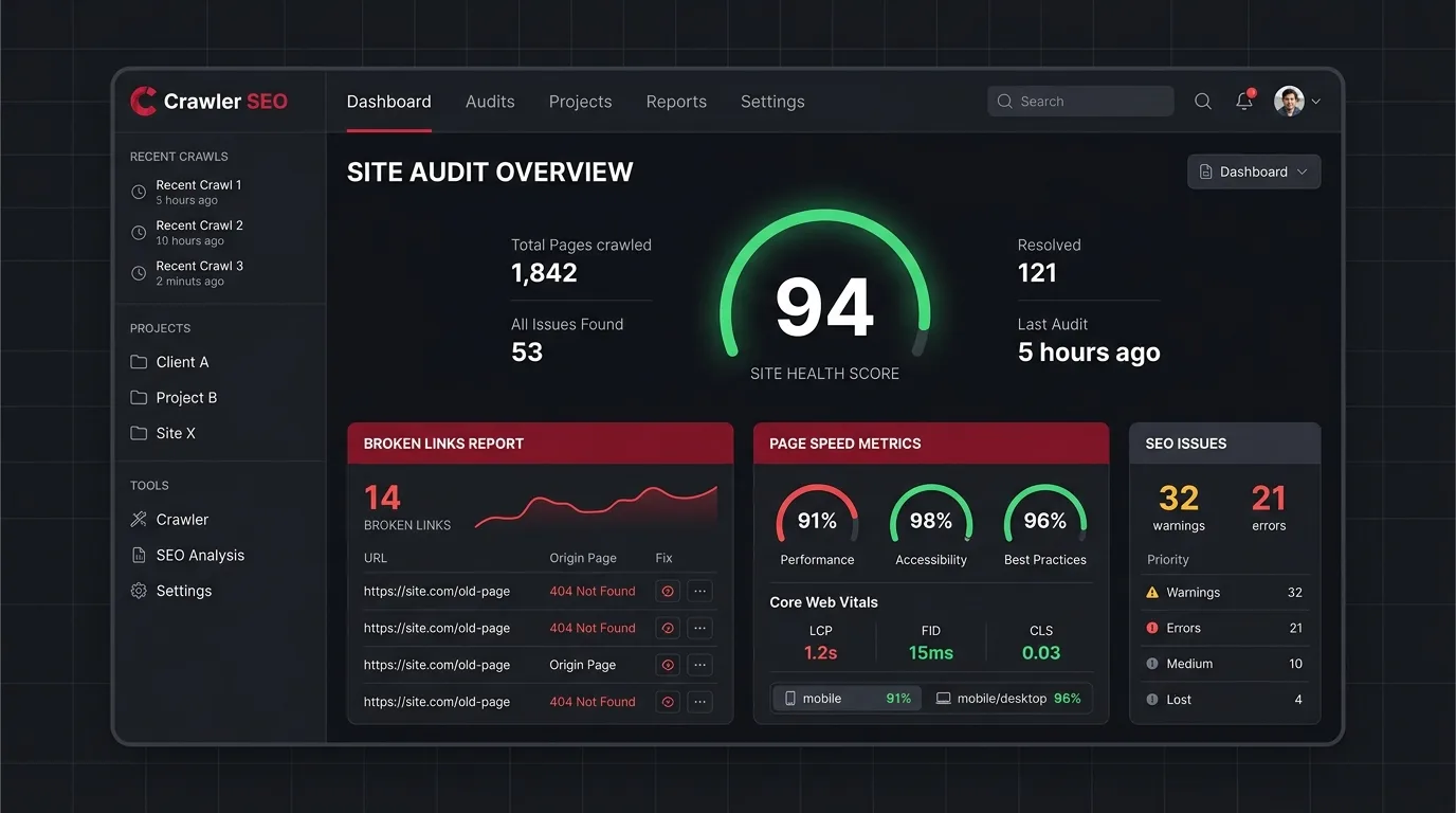 SEO audit tool interface showing crawl health metrics and broken link reports