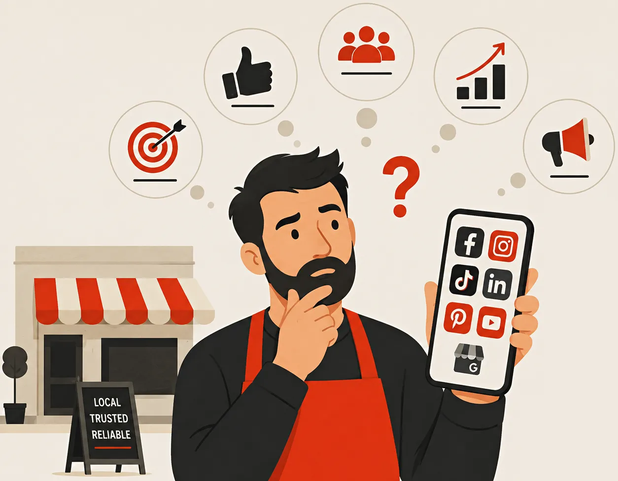 A small business owner outside their shop, holding a phone, choosing a platform