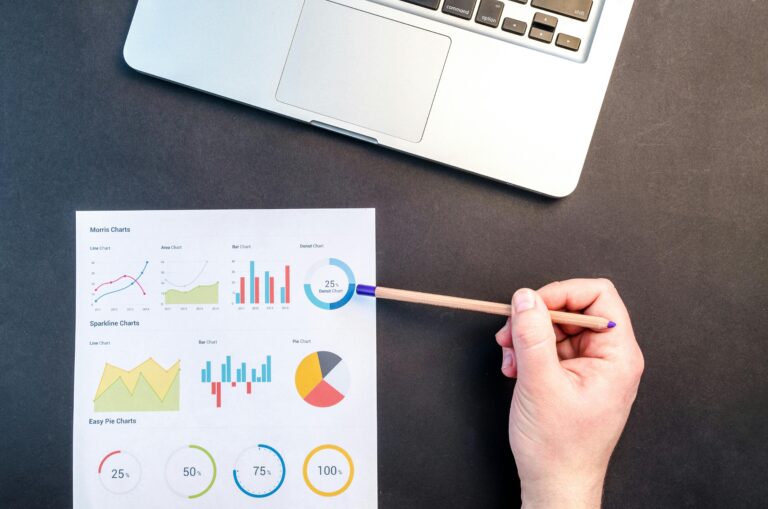 A person holding a pencil over a paper with graphs and charts seo